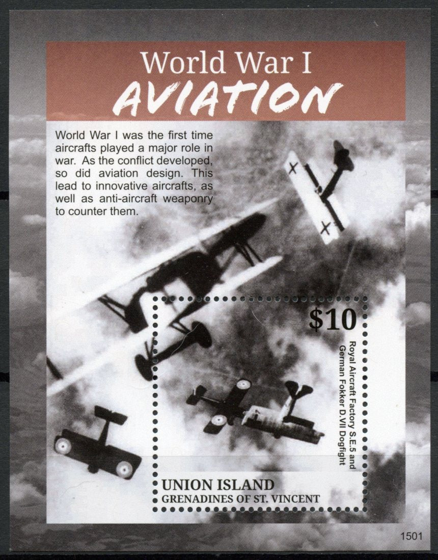 Union Island Gren St Vincent 2015 MNH WWI WW1 Aviation World War I 1v S/S Stamps