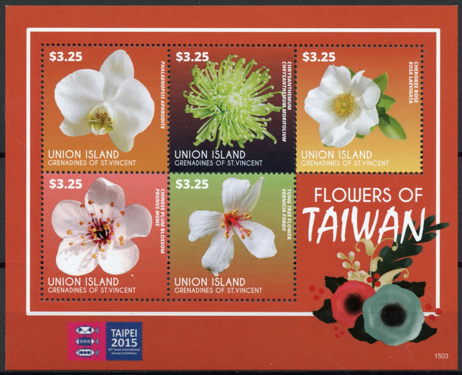 Union Island Grenadines St Vincent 2015 MNH Flowers of Taiwan 5v M/S Taipei Exhb