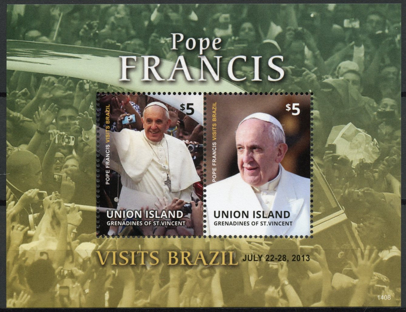 Union Island Grenadines St Vincent 2014 MNH Pope Francis 2v S/S Brazil Visit