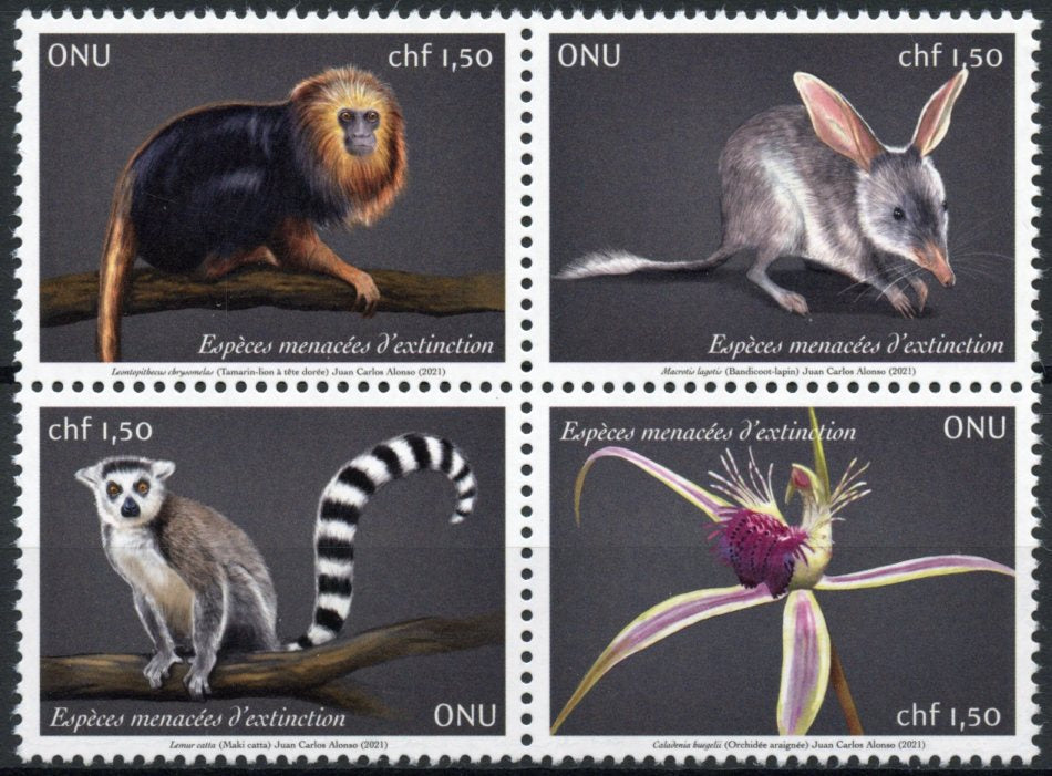 Geneva United Nations UN Wild Animals Stamps 2021 MNH Endangered Species Monkeys Primates Flowers 4v Block