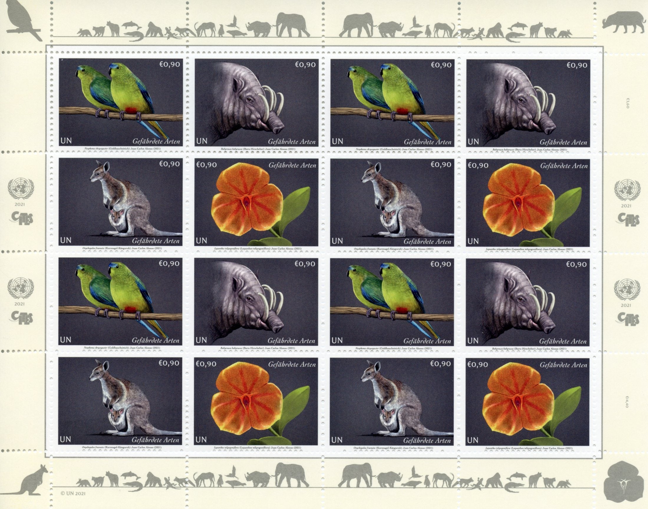 Vienna United Nations UN Wild Animals Stamps 2021 MNH Endangered Species Birds Parrots 16v M/S