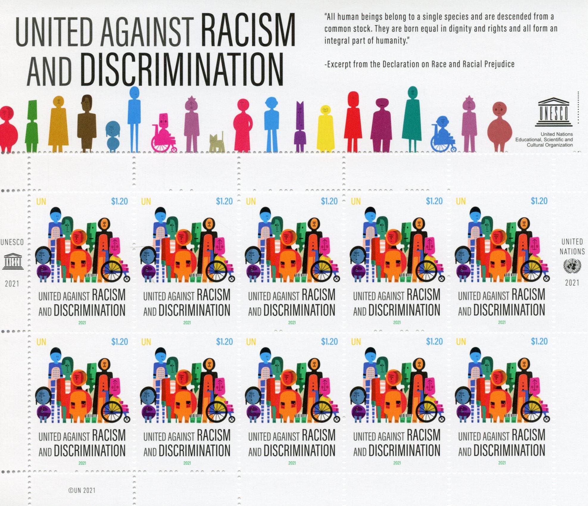 New York United Nations UN 2021 MNH Stamps United Against Racism Discrimination 10v M/S