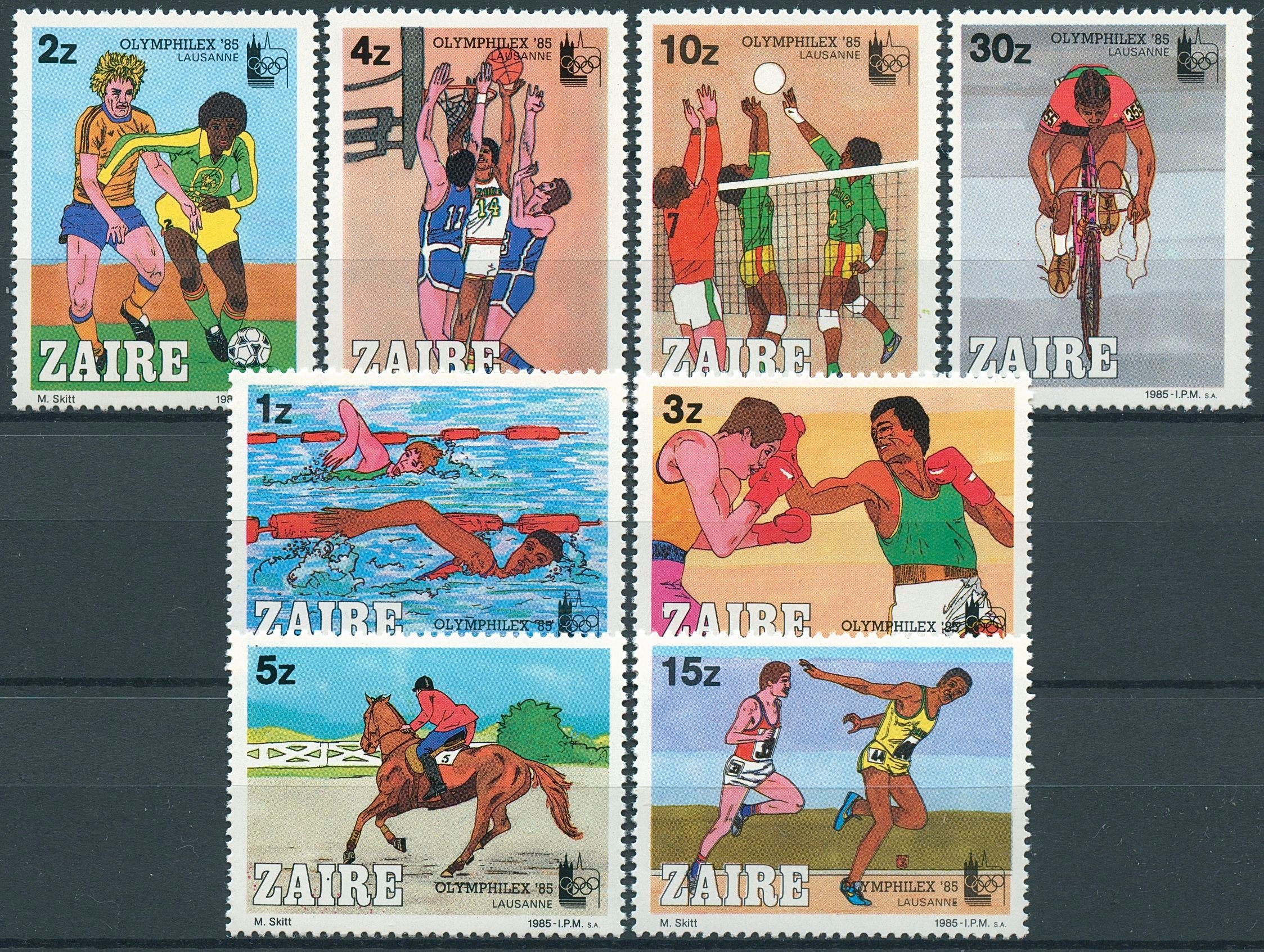 Zaire Olympics Stamps 1985 MNH Olymphilex Cycling Football Boxing Sports 8v Set